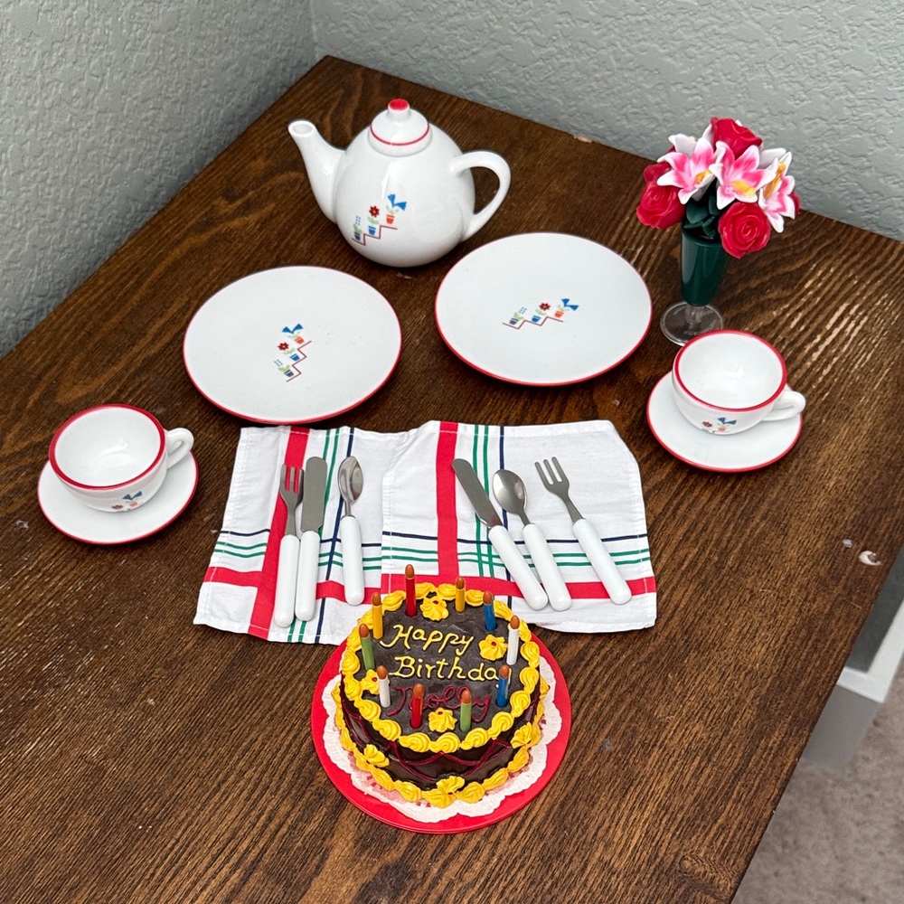 American Girl Molly tea set with cake